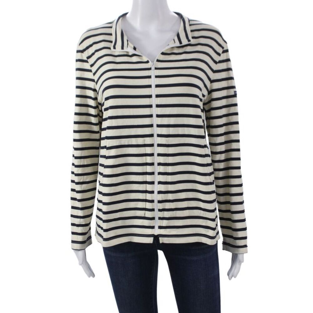 Saint James Womens Beige Striped Collared Zip Jacket Long Sleeve Size 10